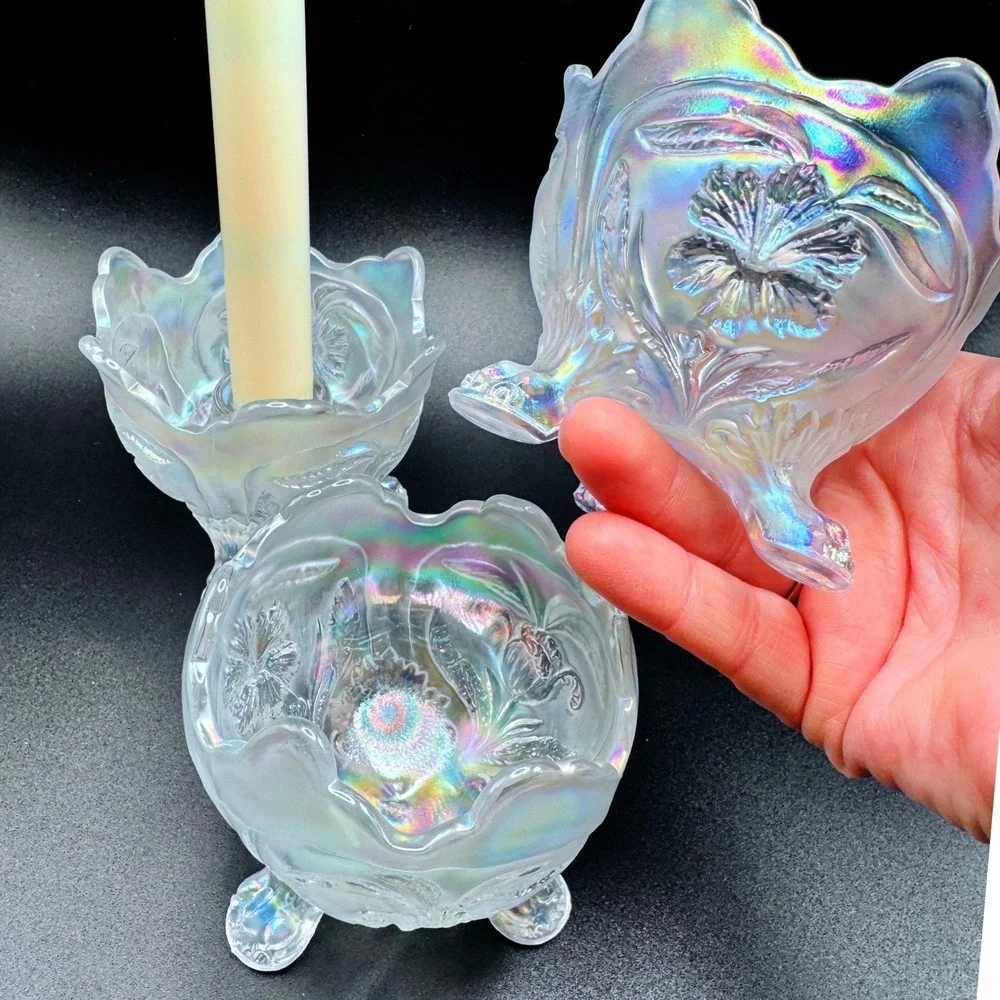 Imperial Iridescent White Carnival Glass Vtg. Floral Candle Console Set 3 Footed